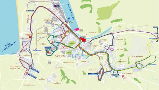 Plano de Avilés con las líneas de autobuses